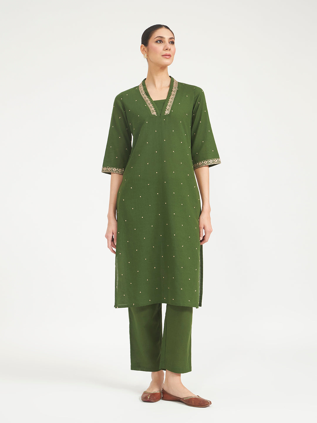 Green Embroidered Linen Kurta Set with Dupatta