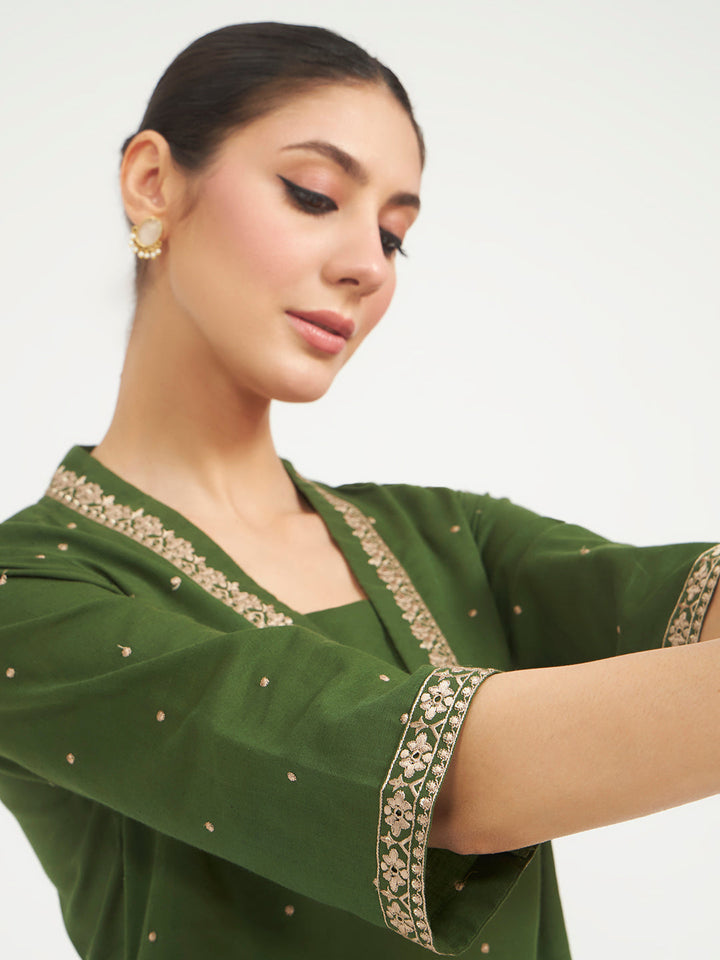 Green Embroidered Linen Kurta Set with Dupatta
