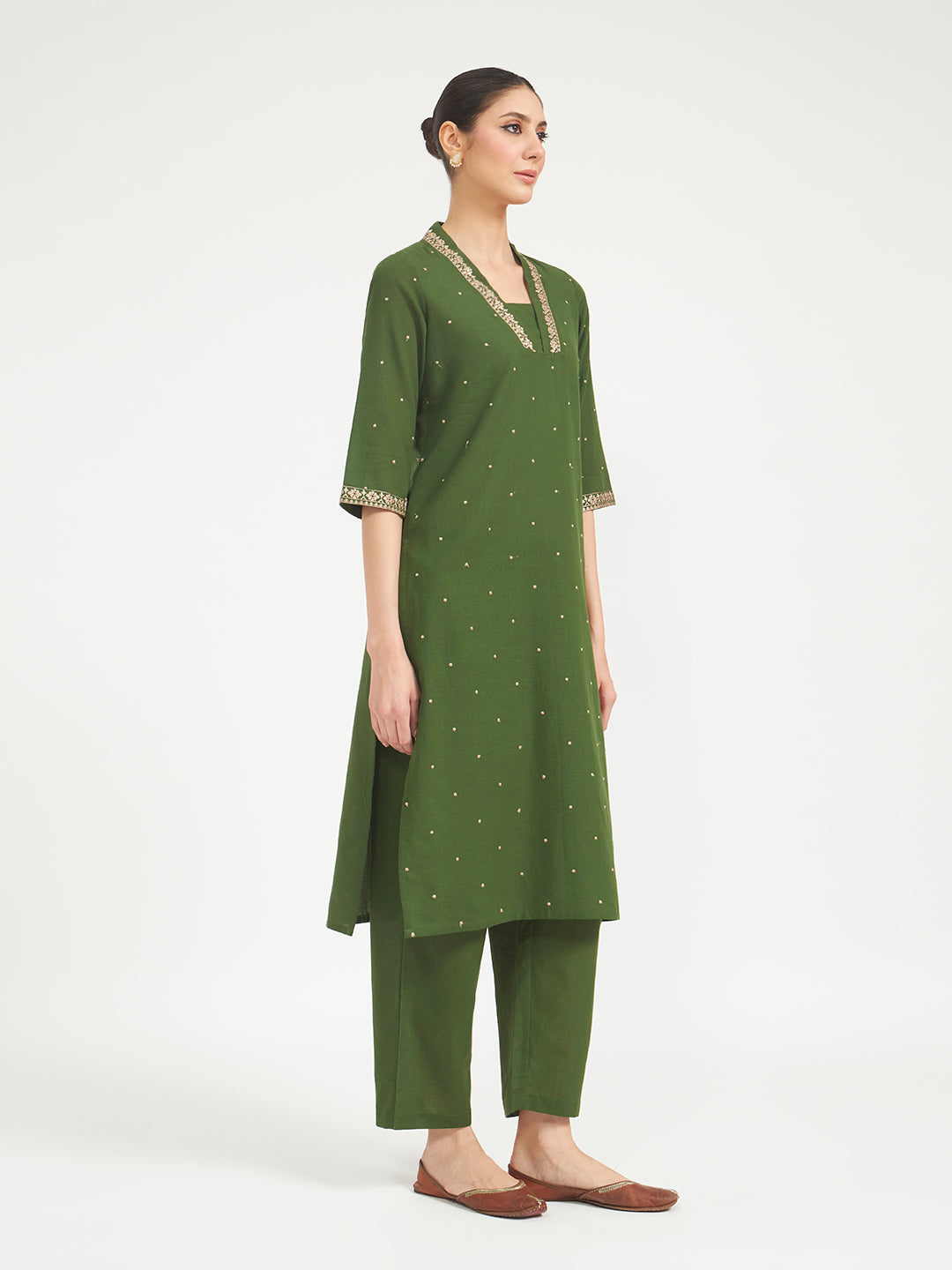 Green Embroidered Linen Kurta Set with Dupatta