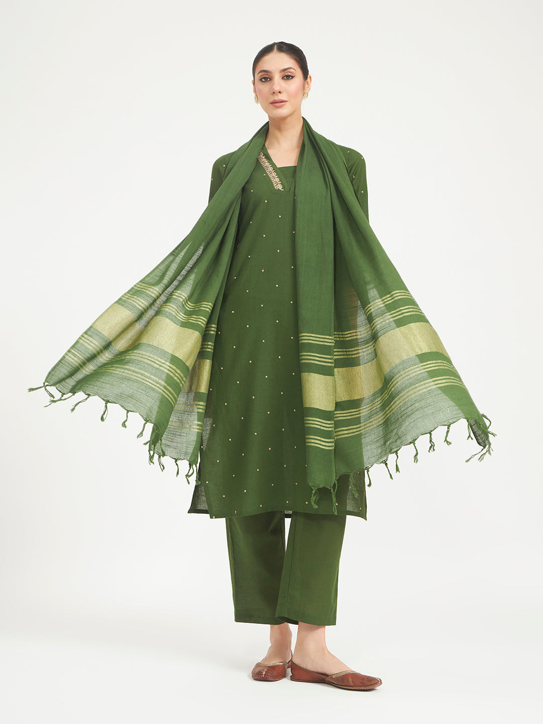 Green Embroidered Linen Kurta Set with Dupatta