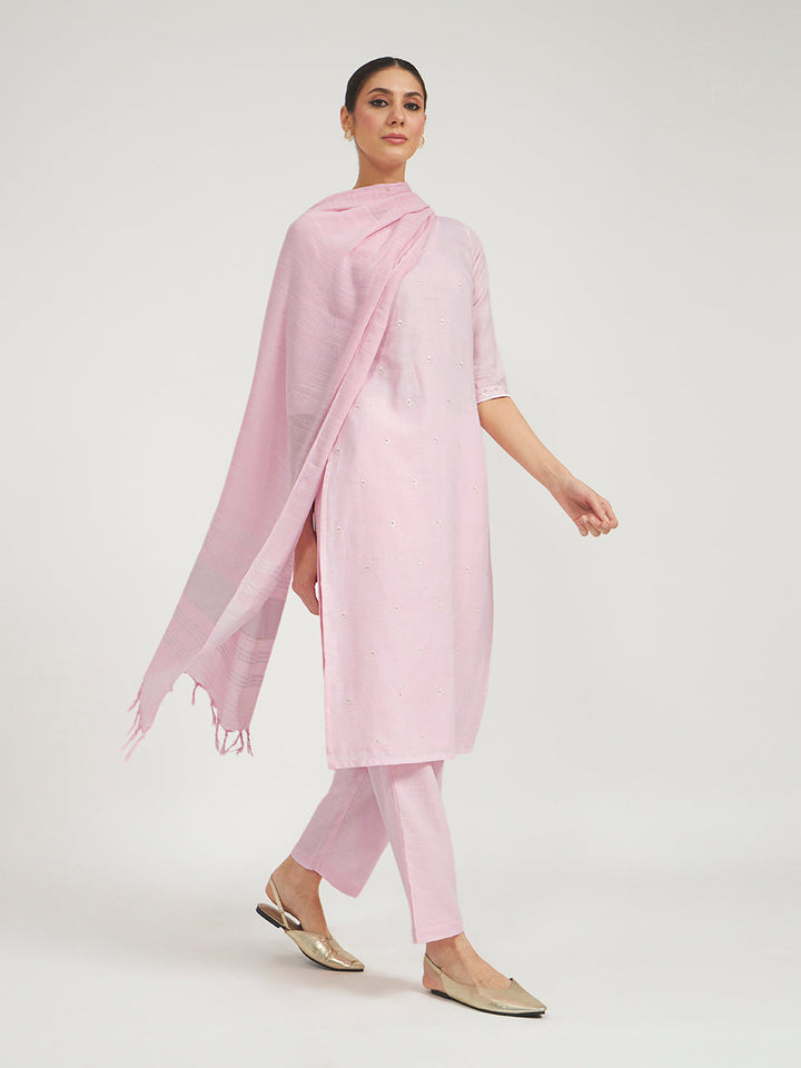Baby Pink Embroidered Linen Kurta Set with Dupatta