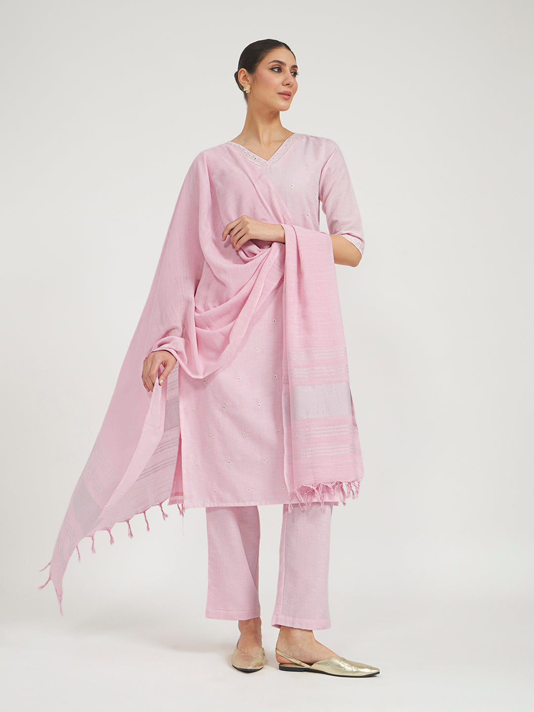 Baby Pink Embroidered Linen Kurta Set with Dupatta