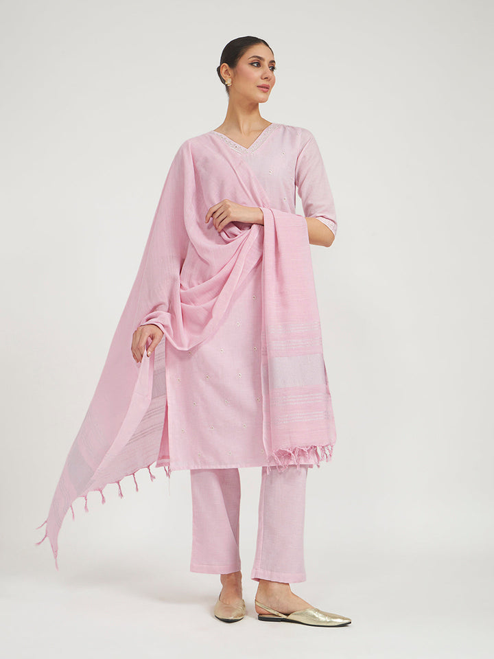 Baby Pink Embroidered Linen Kurta Set with Dupatta