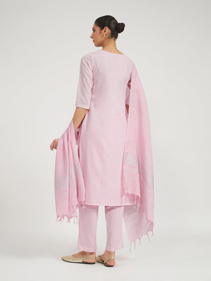Baby Pink Embroidered Linen Kurta Set with Dupatta