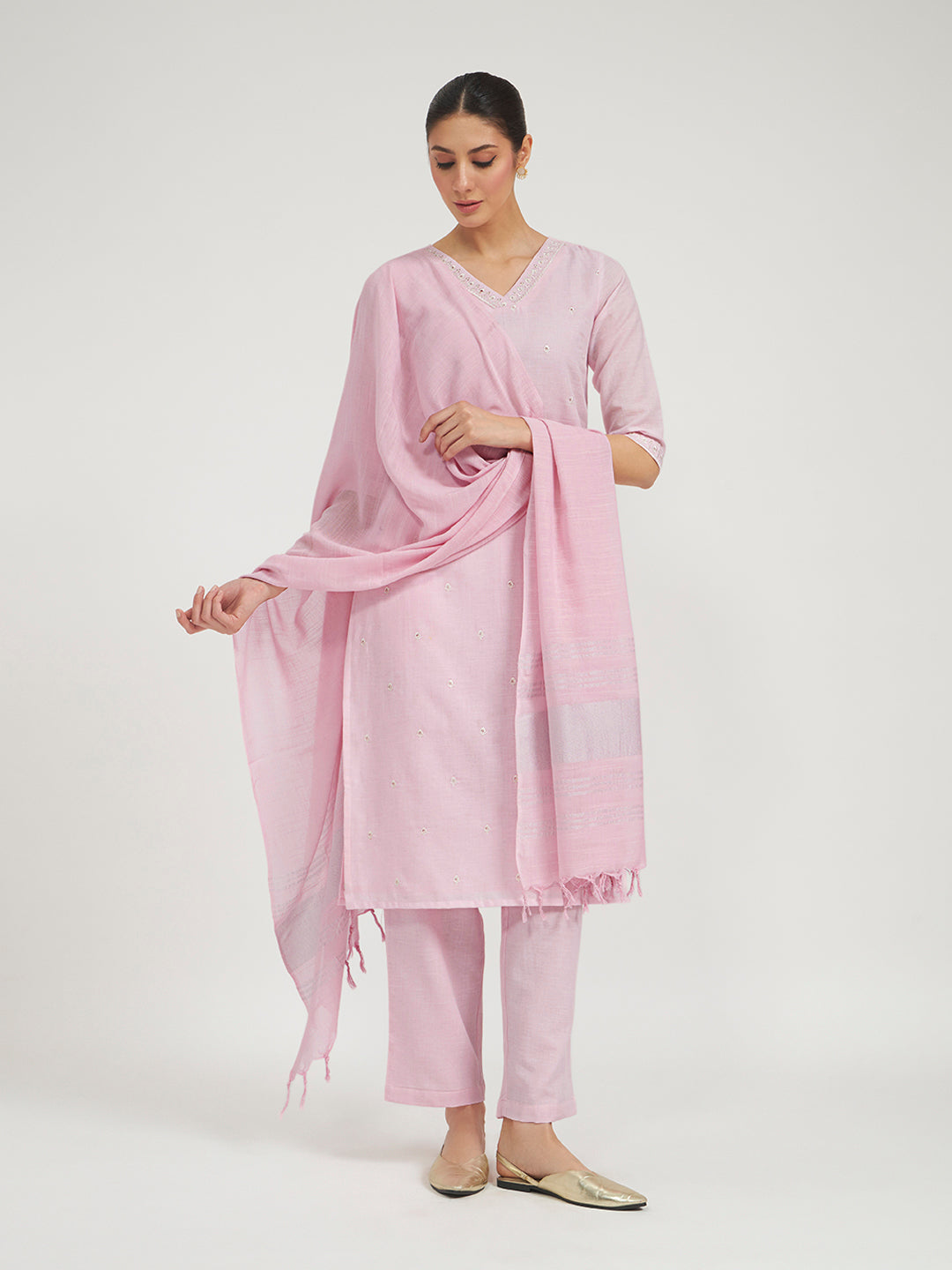 Baby Pink Embroidered Linen Kurta Set with Dupatta