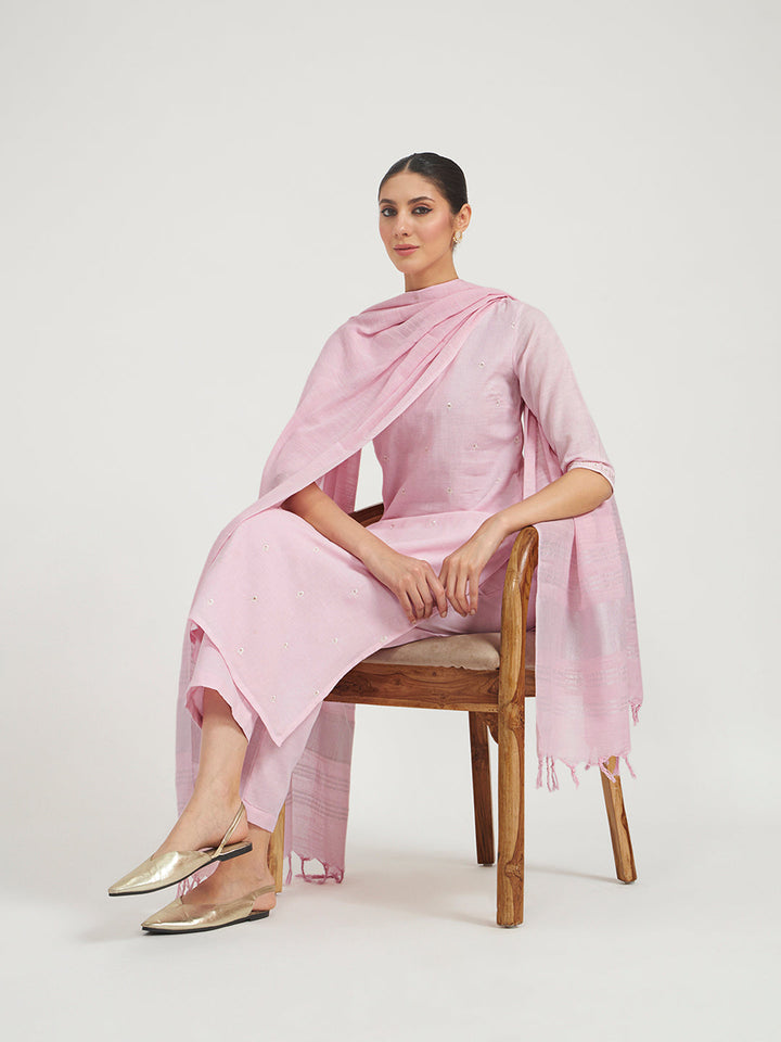 Baby Pink Embroidered Linen Kurta Set with Dupatta