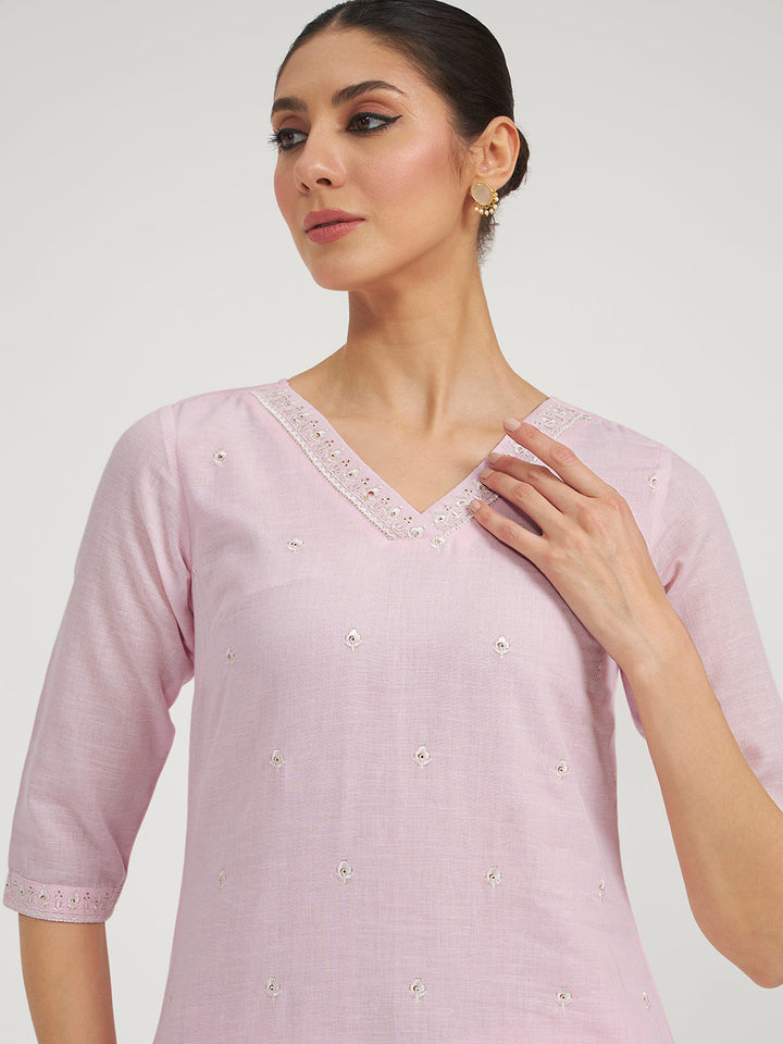 Baby Pink Embroidered Linen Kurta Set with Dupatta