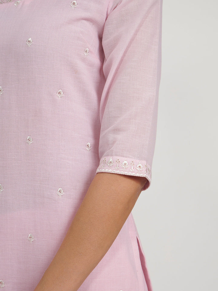 Baby Pink Embroidered Linen Kurta Set with Dupatta