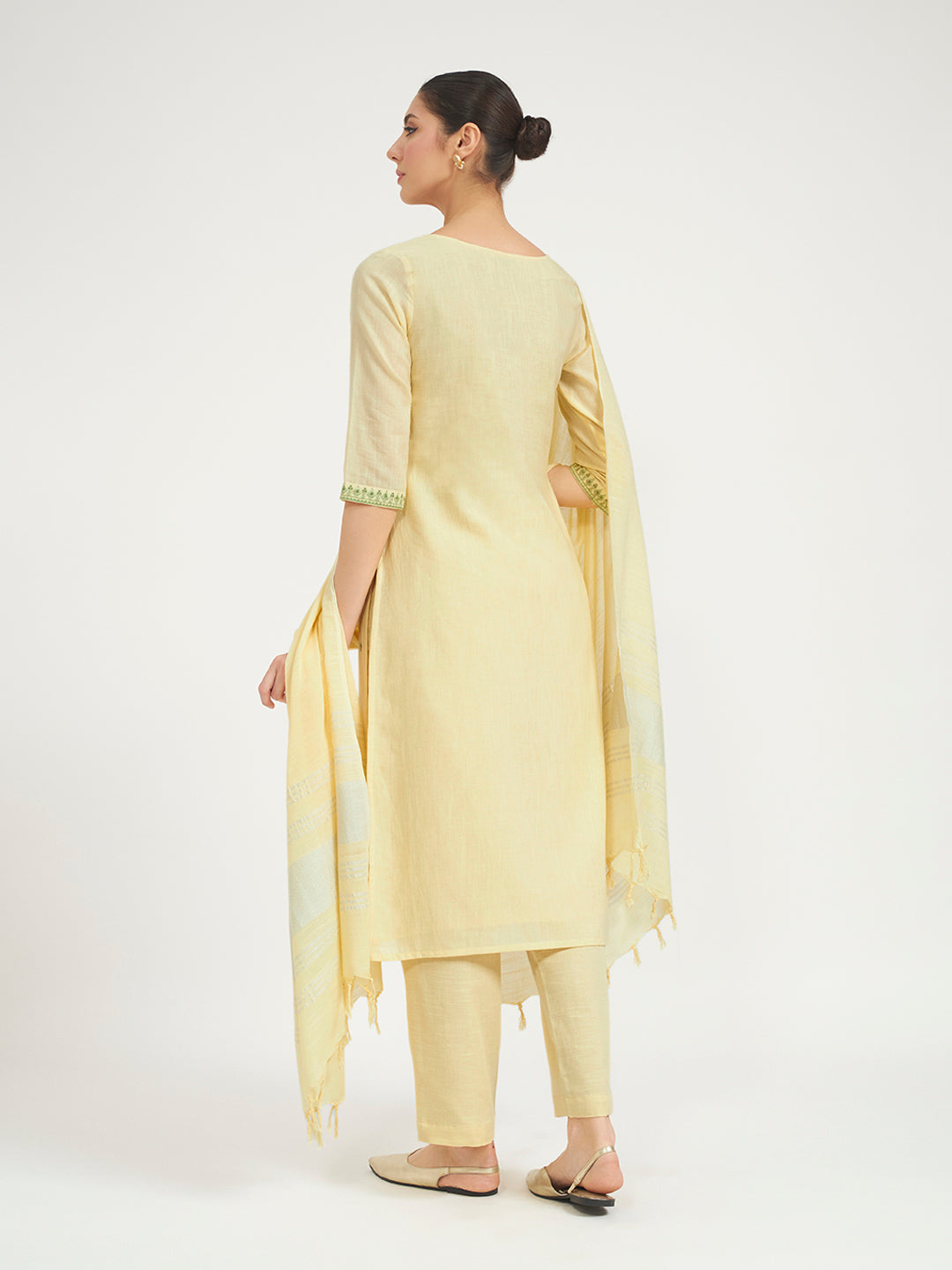 Lemon Yellow Embroidered Linen Kurta Set with Dupatta