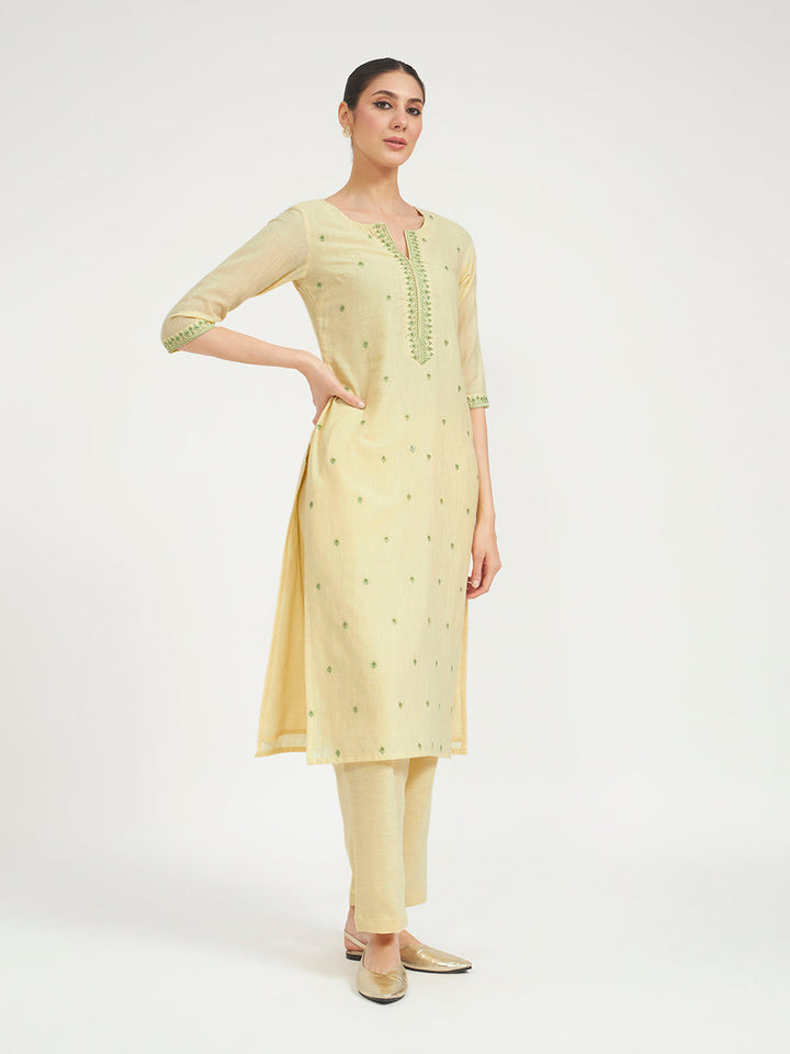 Lemon Yellow Embroidered Linen Kurta Set with Dupatta