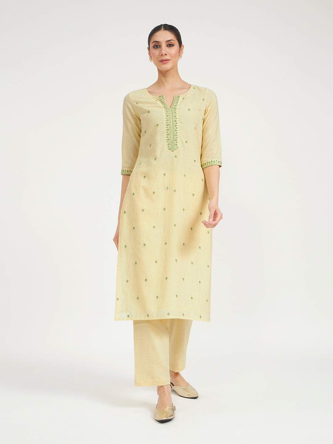 Lemon Yellow Embroidered Linen Kurta Set with Dupatta