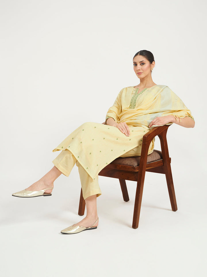 Lemon Yellow Embroidered Linen Kurta Set with Dupatta