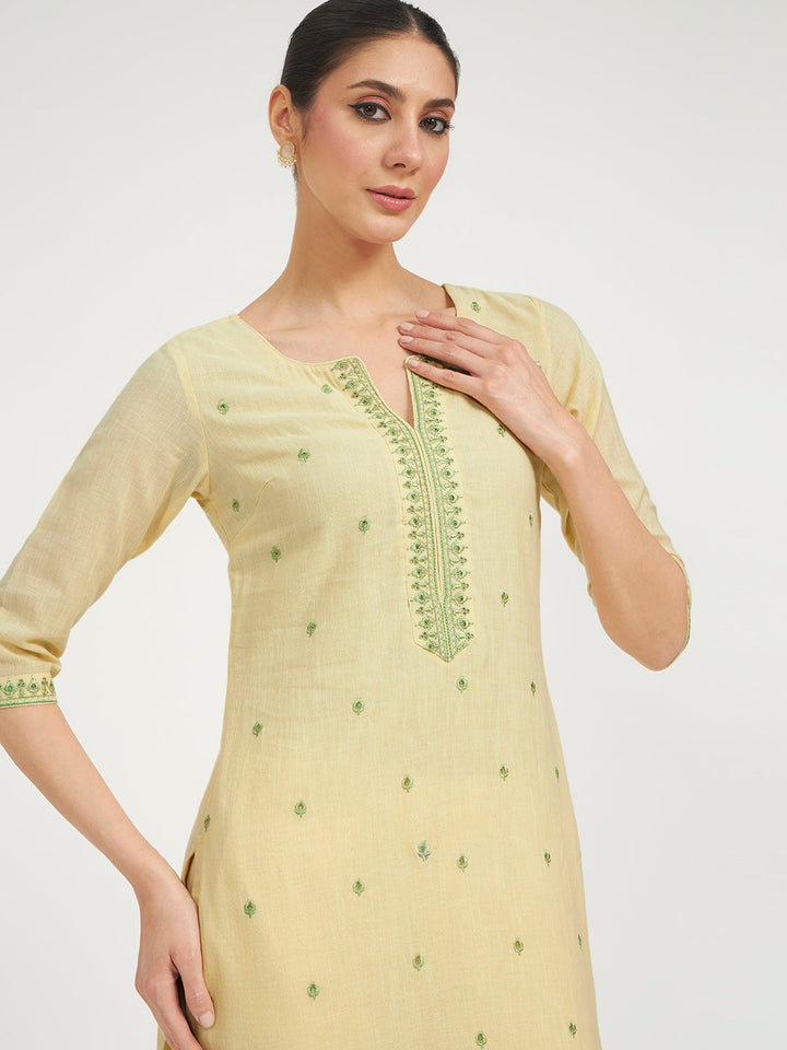 Lemon Yellow Embroidered Linen Kurta Set with Dupatta
