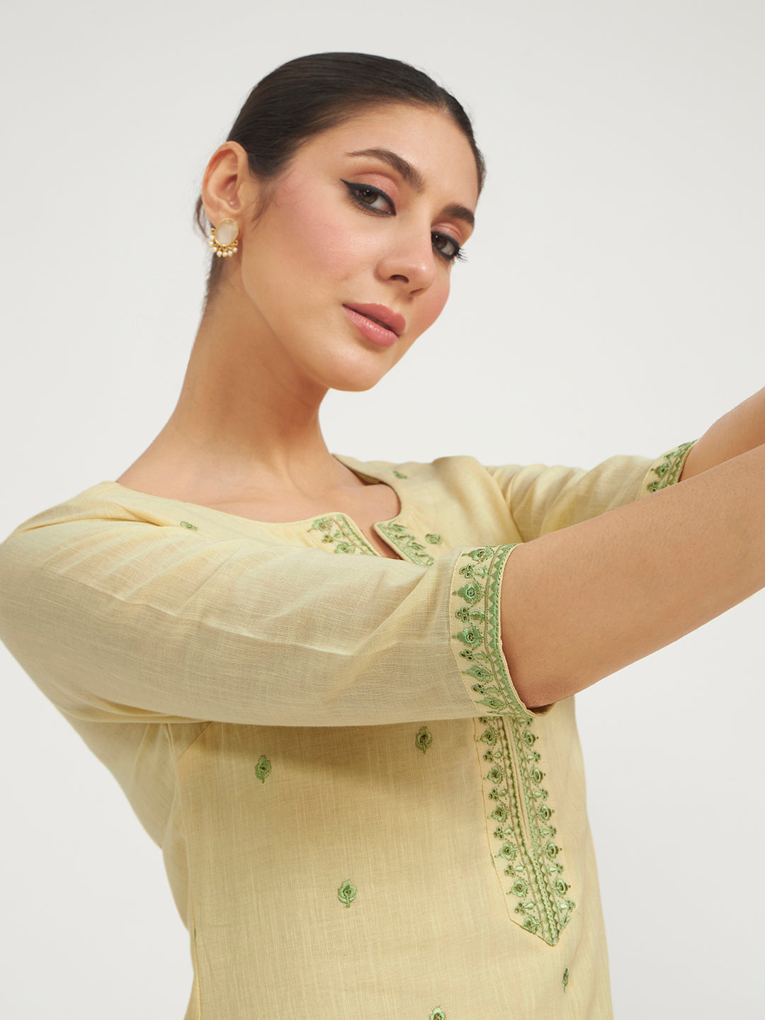 Lemon Yellow Embroidered Linen Kurta Set with Dupatta
