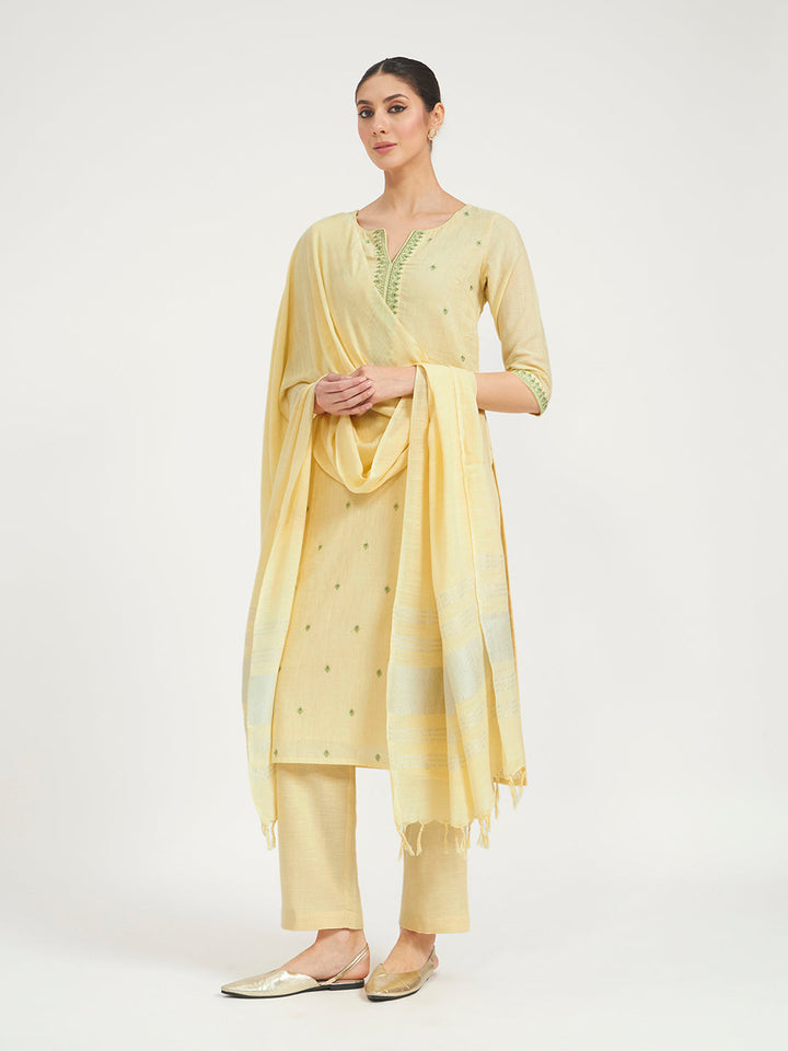 Lemon Yellow Embroidered Linen Kurta Set with Dupatta