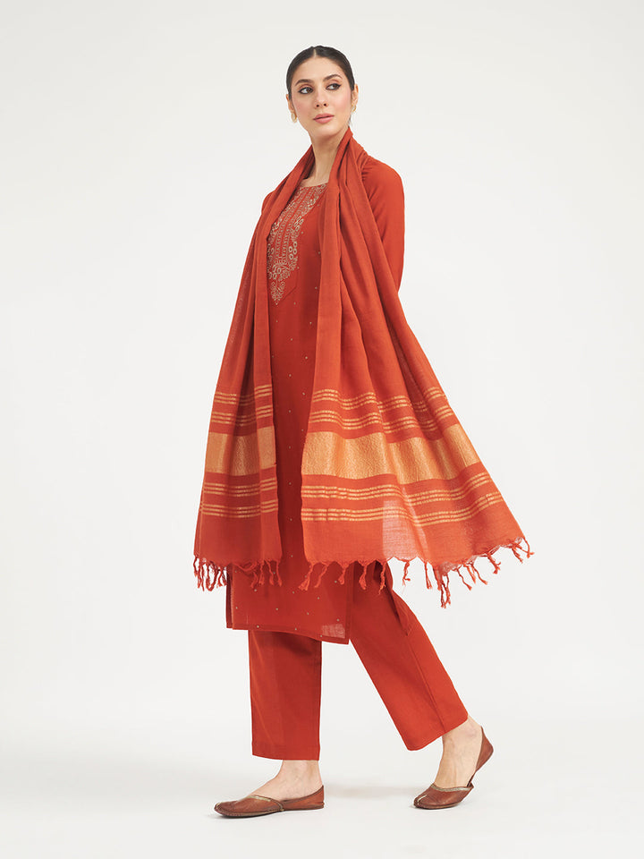 Rust Embroidered Linen Kurta Set with Dupatta