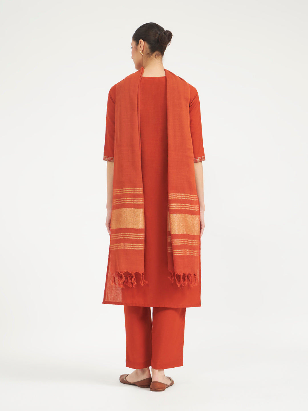 Rust Embroidered Linen Kurta Set with Dupatta