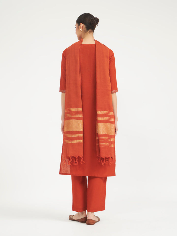 Rust Embroidered Linen Kurta Set with Dupatta
