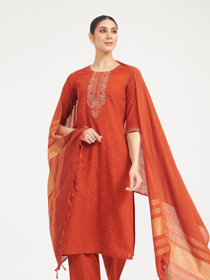 Rust Embroidered Linen Kurta Set with Dupatta