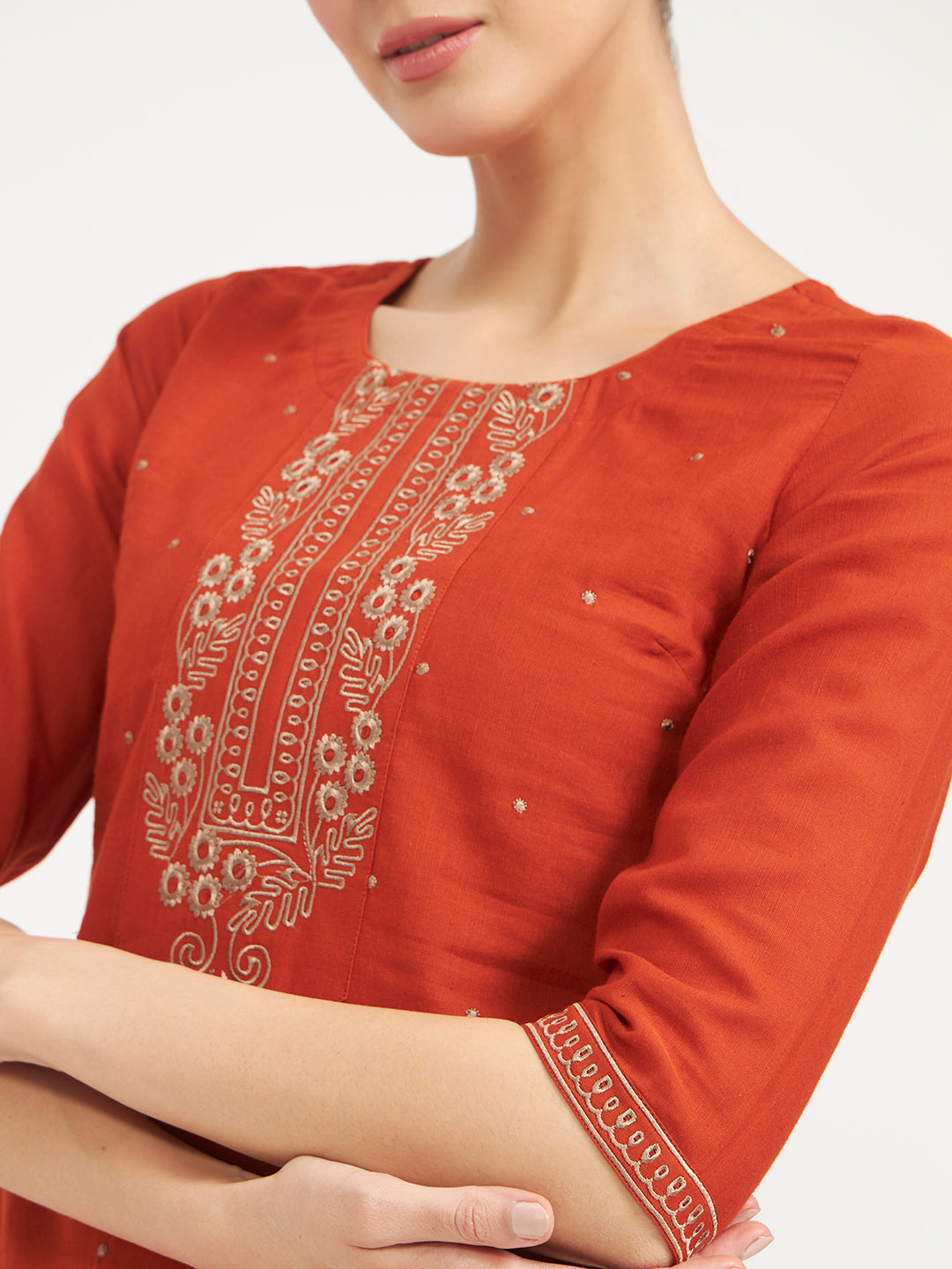 Rust Embroidered Linen Kurta Set with Dupatta