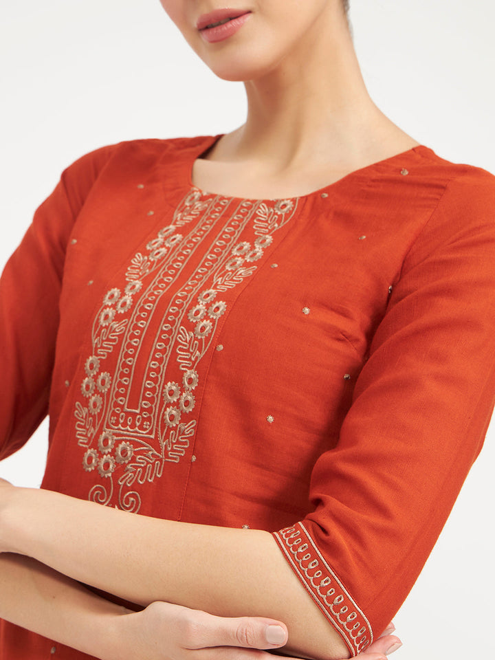 Rust Embroidered Linen Kurta Set with Dupatta