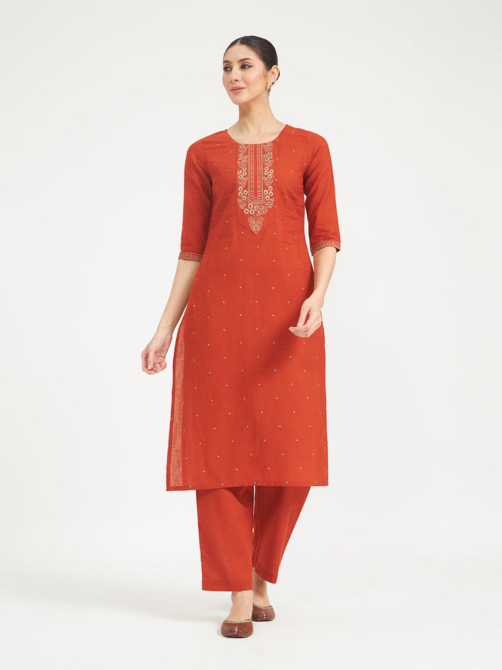 Rust Embroidered Linen Kurta Set with Dupatta