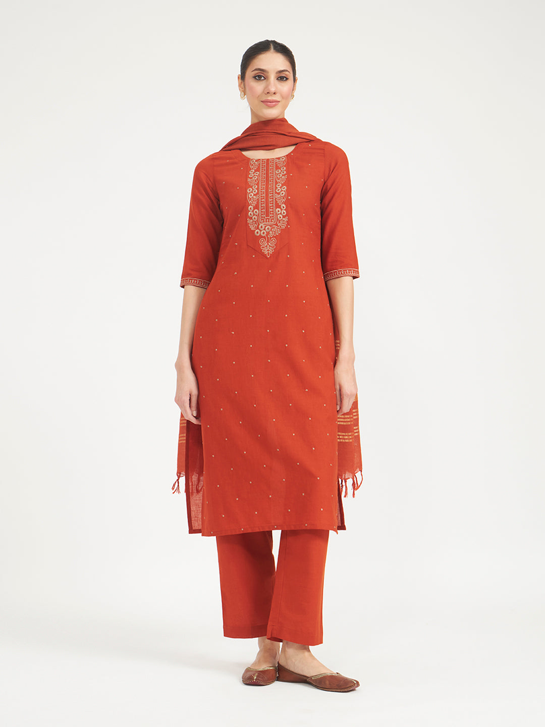 Rust Embroidered Linen Kurta Set with Dupatta