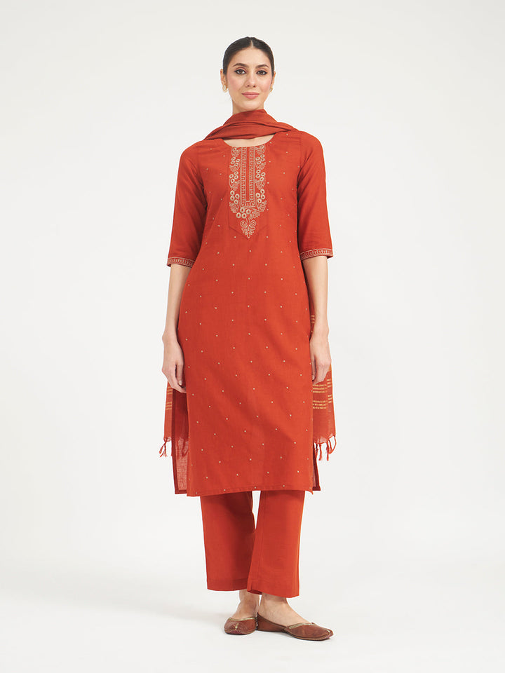 Rust Embroidered Linen Kurta Set with Dupatta