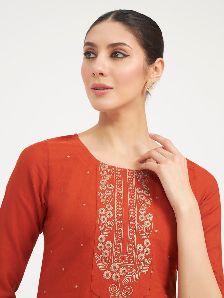 Rust Embroidered Linen Kurta Set with Dupatta