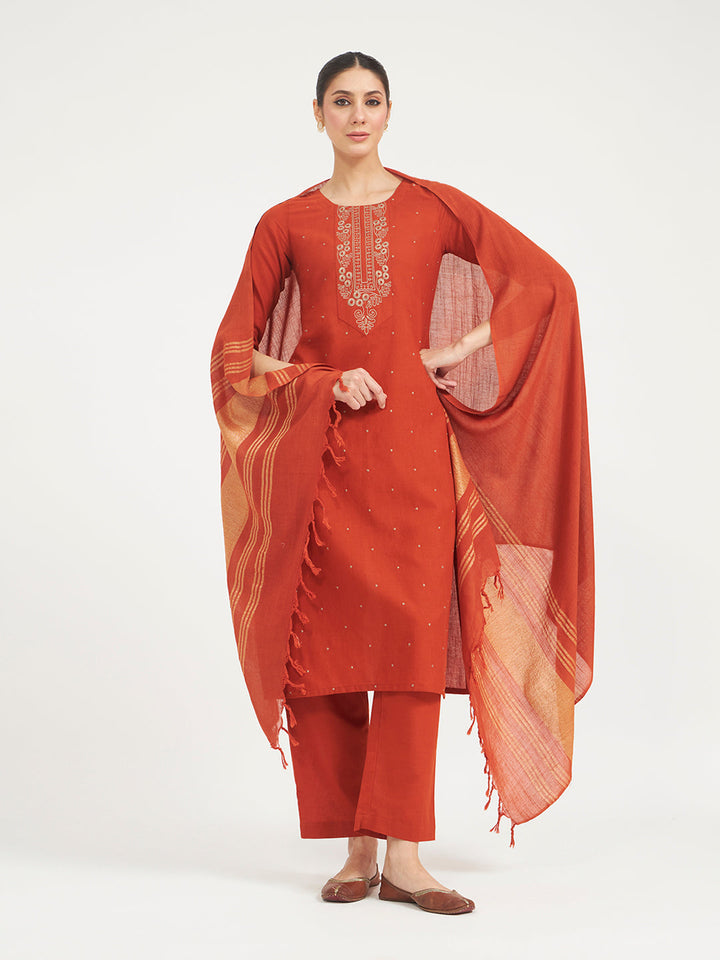 Rust Embroidered Linen Kurta Set with Dupatta