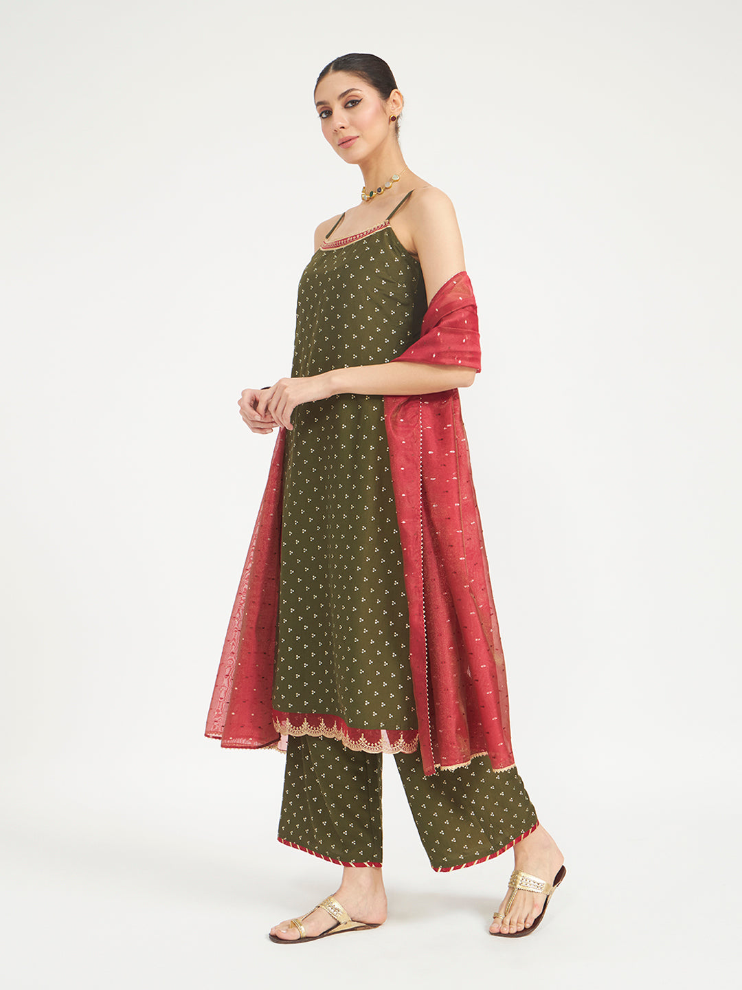 Olive Green Embroidered Silk Blend Straight Kurta Set with Dupatta