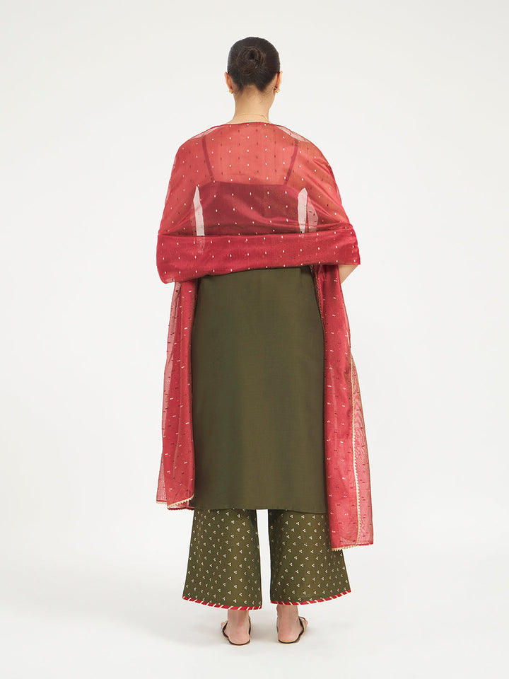 Olive Green Embroidered Silk Blend Straight Kurta Set with Dupatta