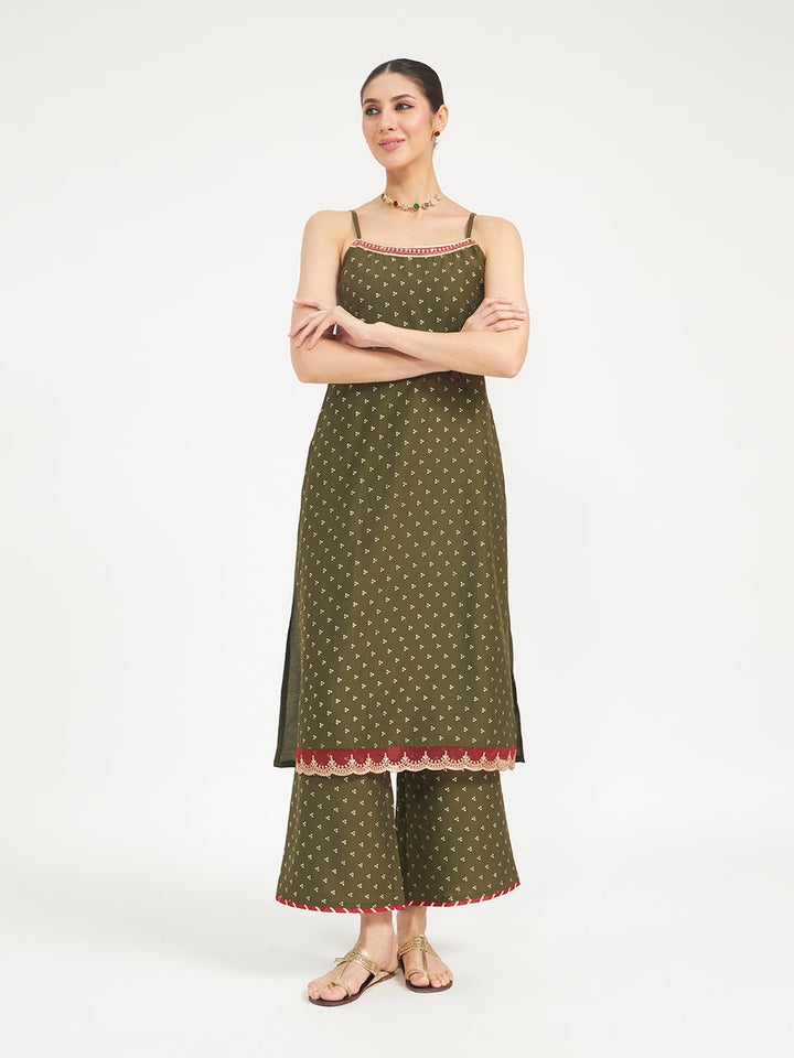 Olive Green Embroidered Silk Blend Straight Kurta Set with Dupatta
