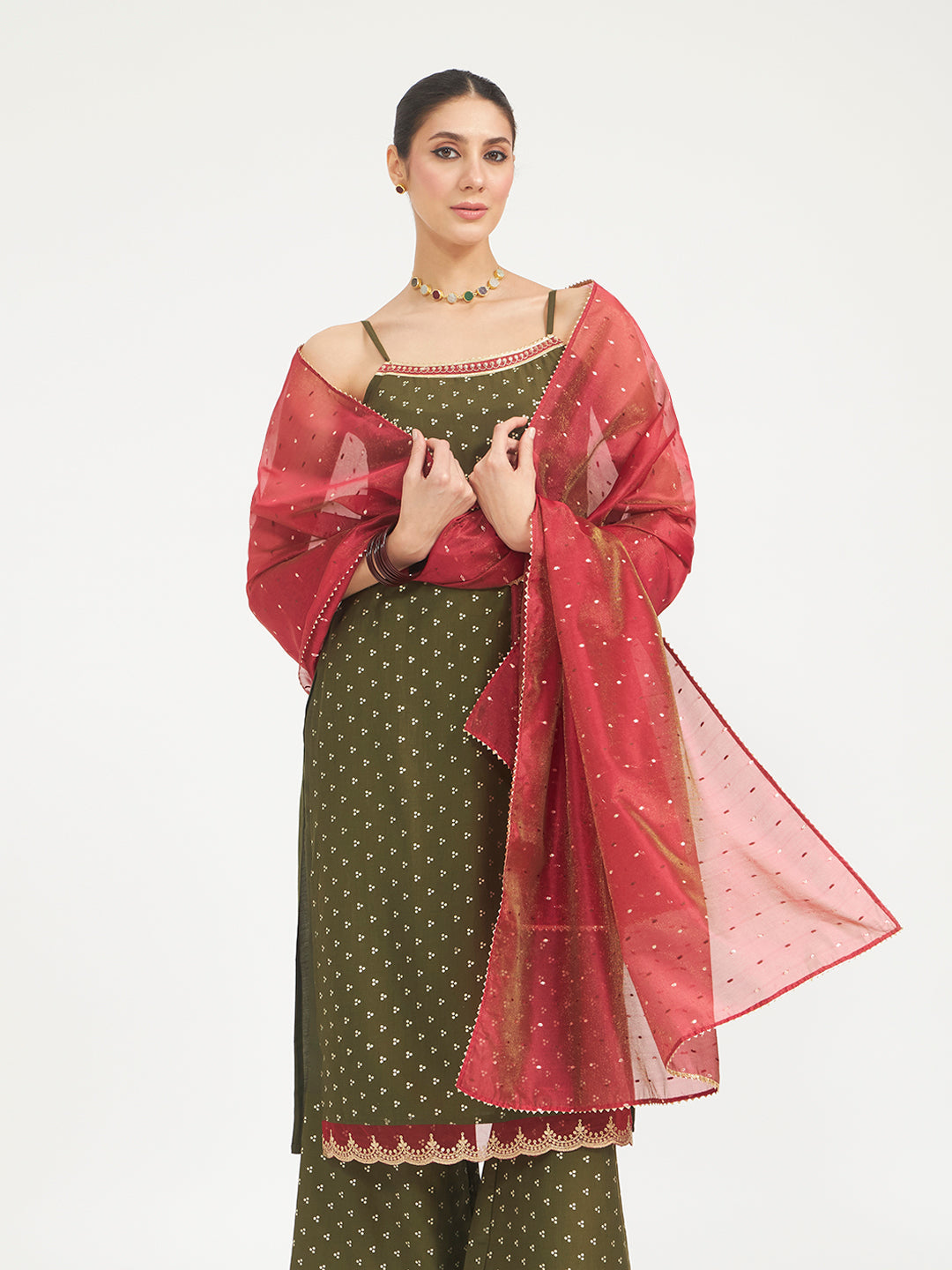 Olive Green Embroidered Silk Blend Straight Kurta Set with Dupatta