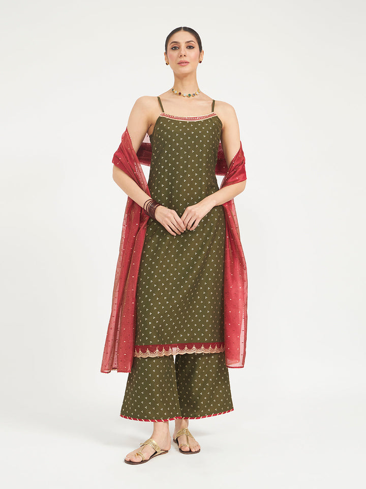 Olive Green Embroidered Silk Blend Straight Kurta Set with Dupatta