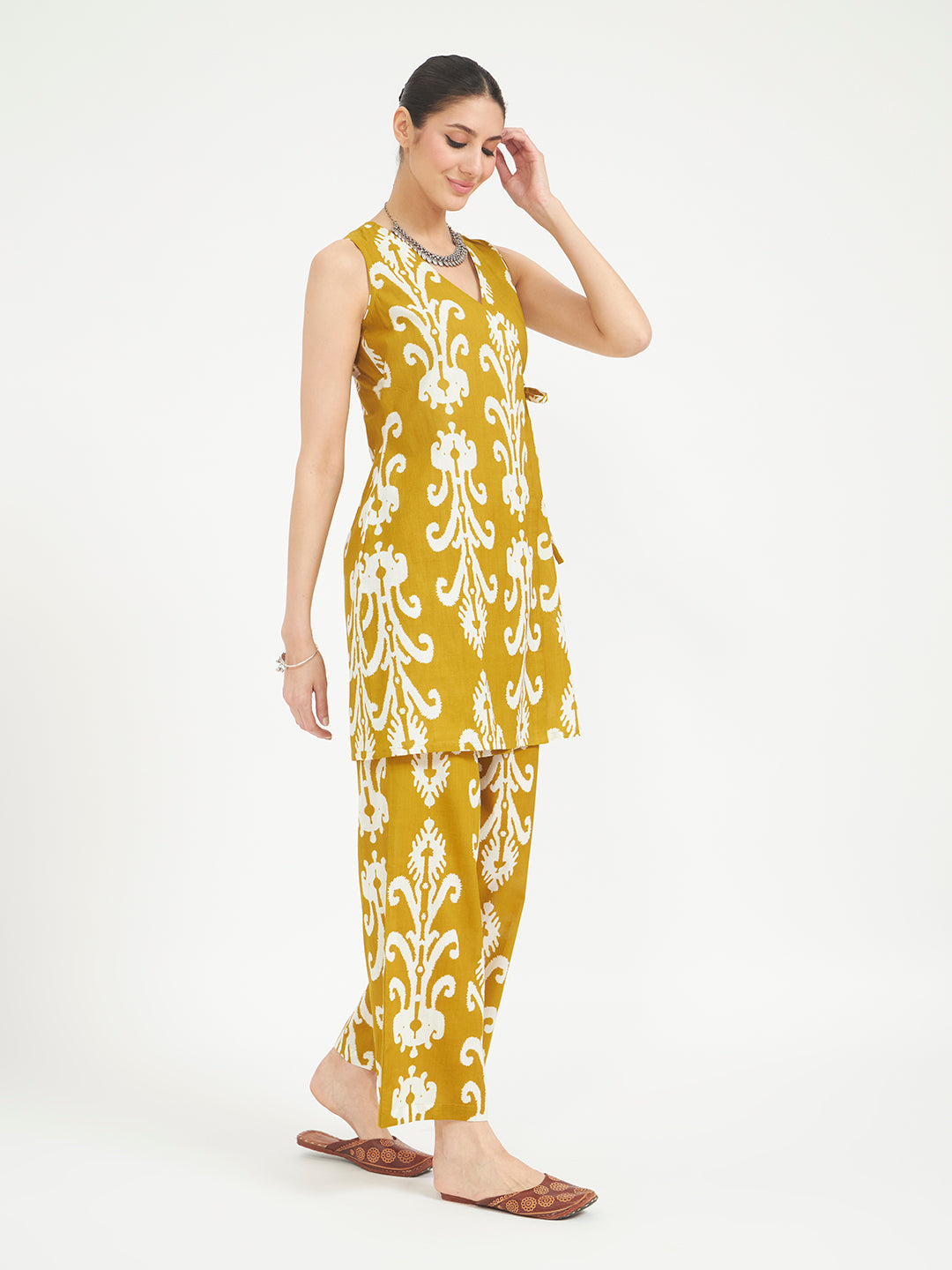 Mustard Yellow Printed Pure Cotton Kurta Set