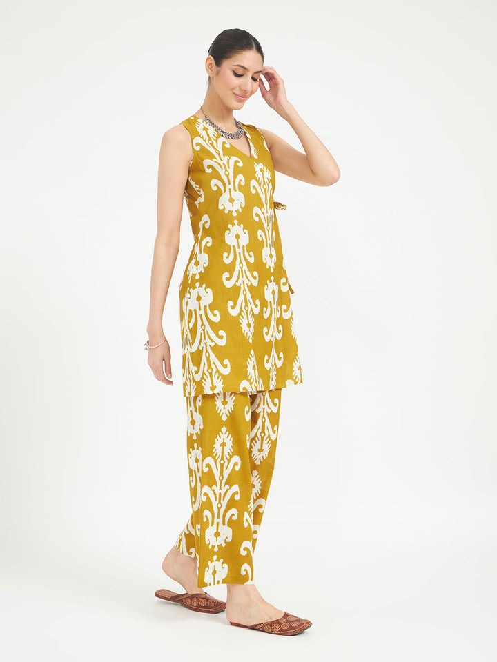 Mustard Yellow Printed Pure Cotton Kurta Set