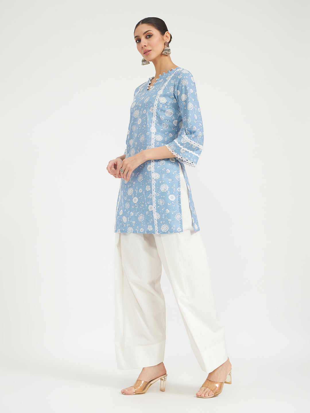 Sky Blue Floral Printed Lace Work Pure Cotton Straight Kurta with Farshi Salwar