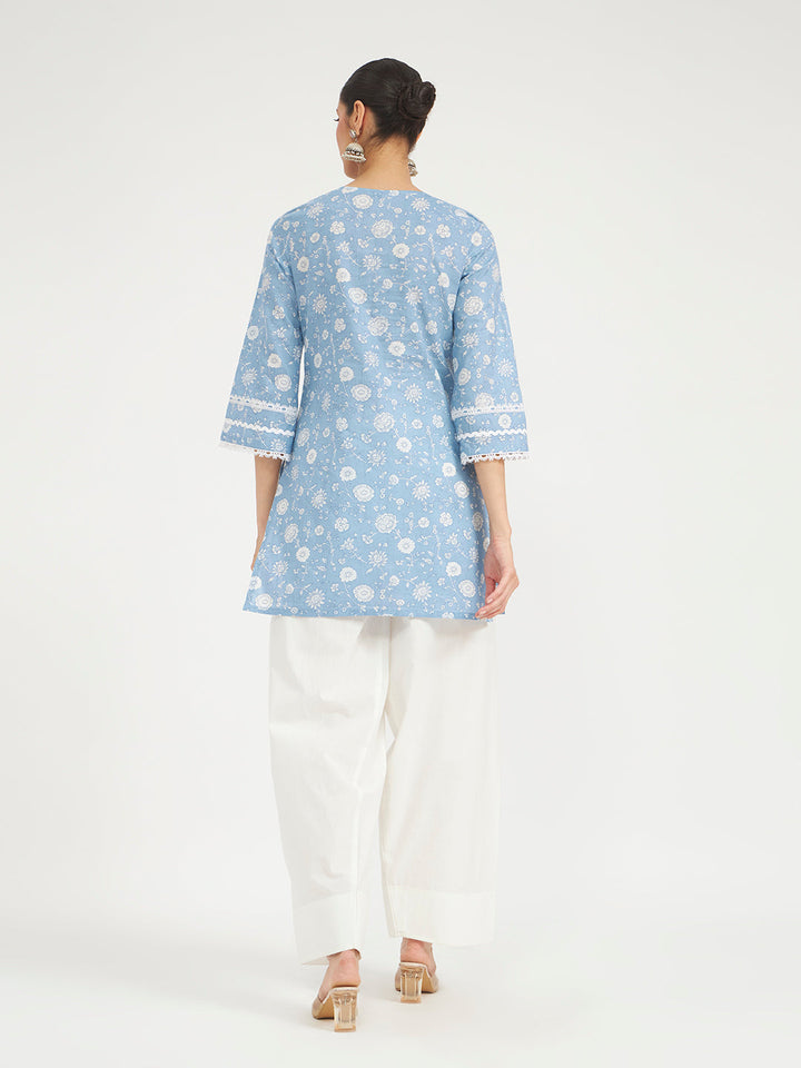 Sky Blue Floral Printed Lace Work Pure Cotton Straight Kurta with Farshi Salwar