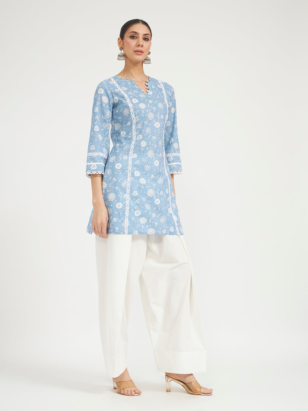 Sky Blue Floral Printed Lace Work Pure Cotton Straight Kurta with Farshi Salwar