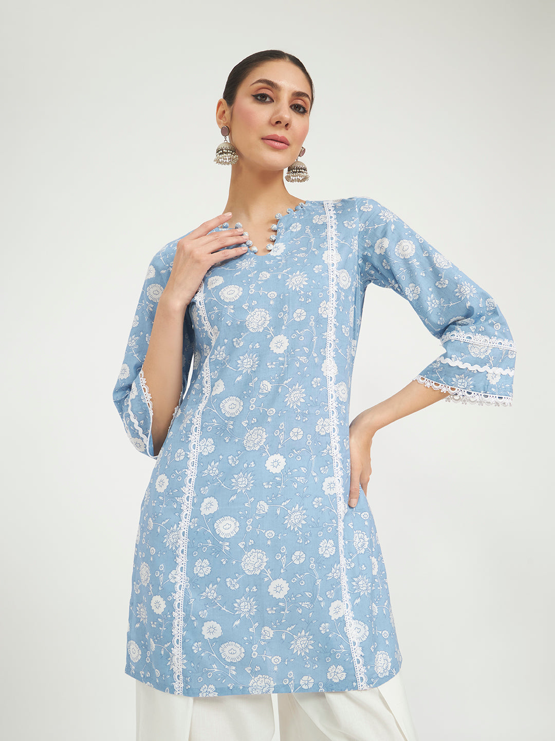 Sky Blue Floral Printed Lace Work Pure Cotton Straight Kurta with Farshi Salwar