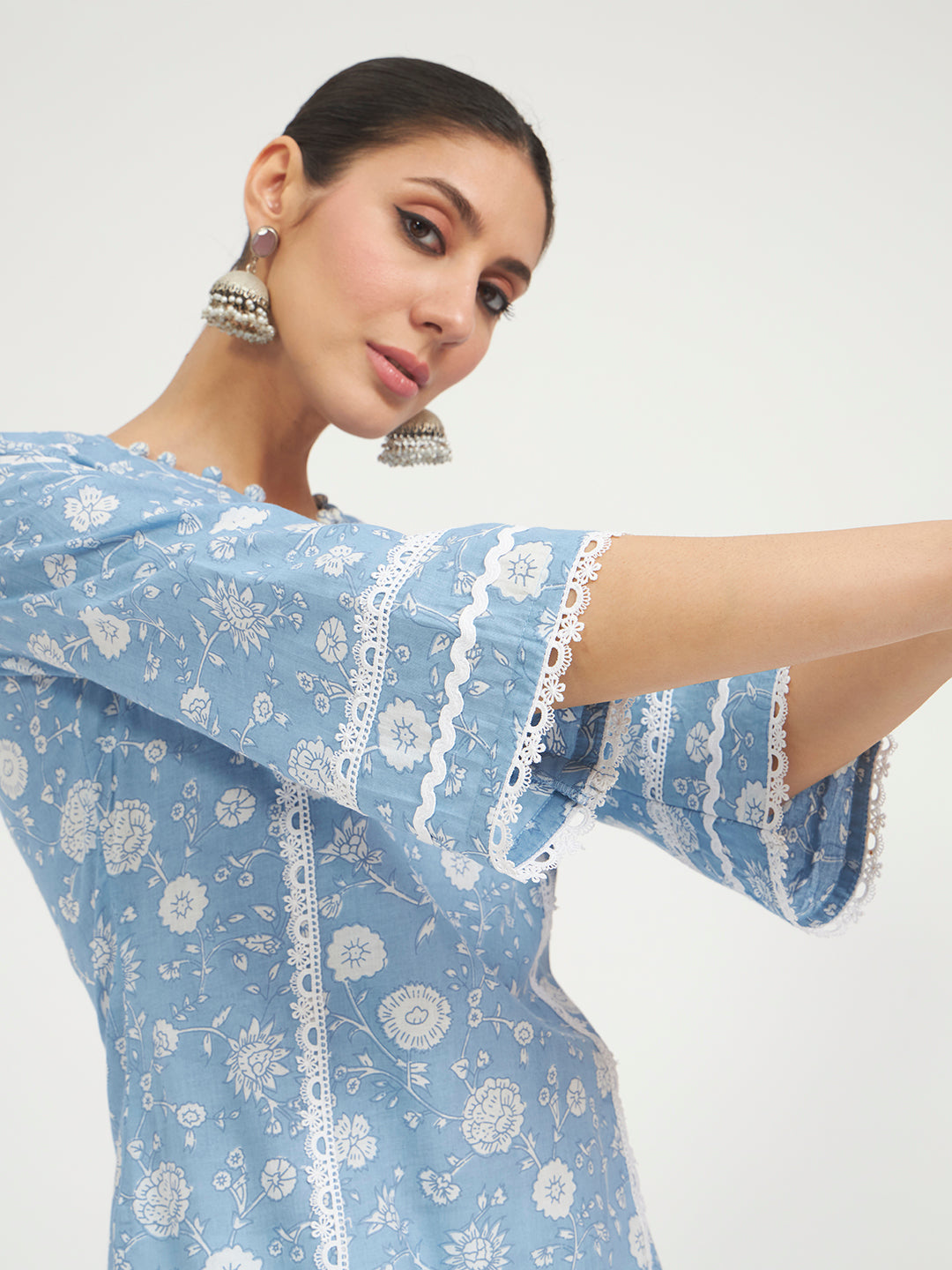 Sky Blue Floral Printed Lace Work Pure Cotton Straight Kurta with Farshi Salwar