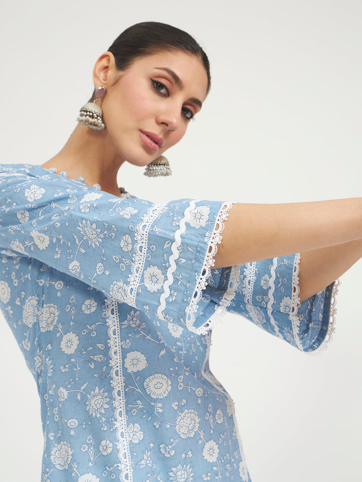Sky Blue Floral Printed Lace Work Pure Cotton Straight Kurta with Farshi Salwar