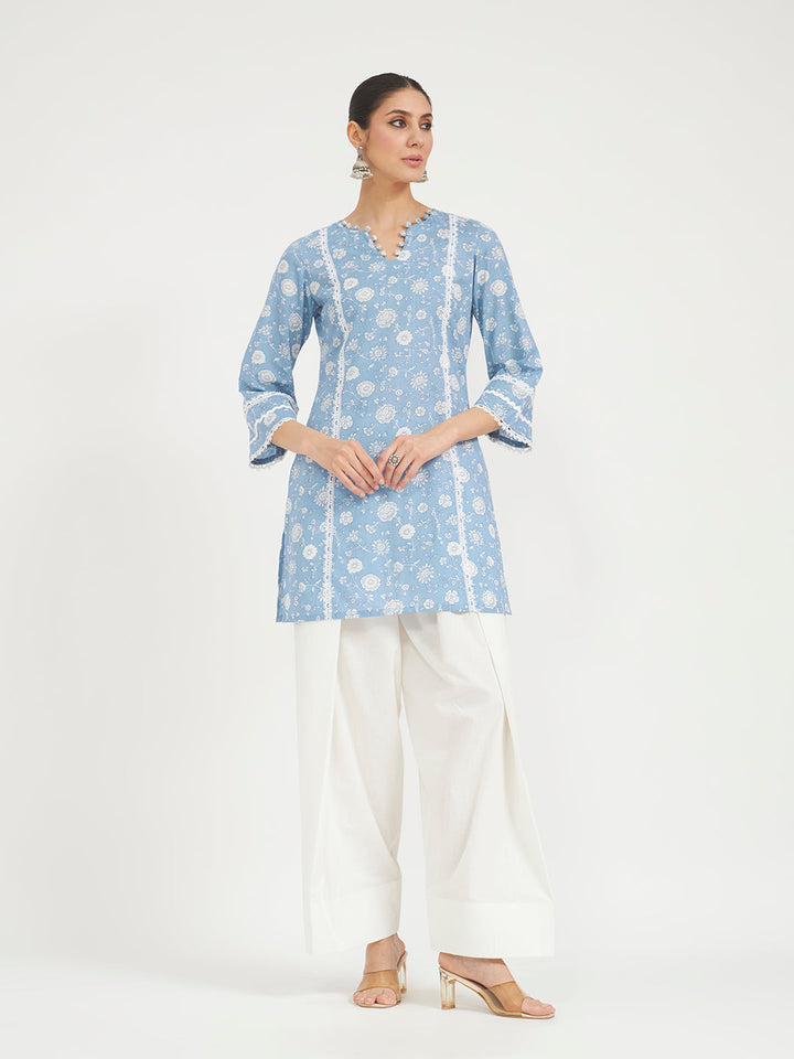 Sky Blue Floral Printed Lace Work Pure Cotton Straight Kurta with Farshi Salwar