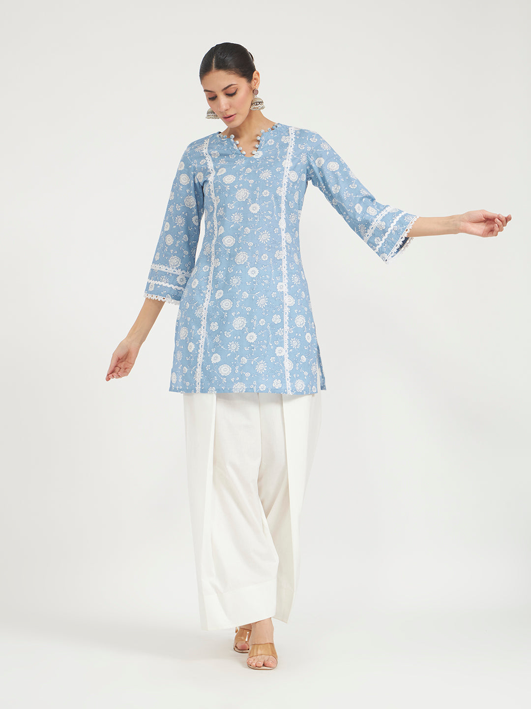 Sky Blue Floral Printed Lace Work Pure Cotton Straight Kurta with Farshi Salwar