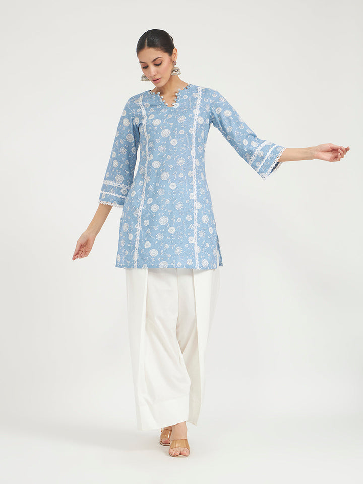 Sky Blue Floral Printed Lace Work Pure Cotton Straight Kurta with Farshi Salwar