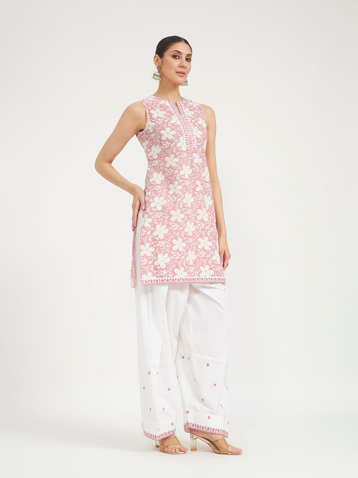 Light Pink Floral Printed & Embroidered Pure Cotton Straight Kurta with Farshi Salwar