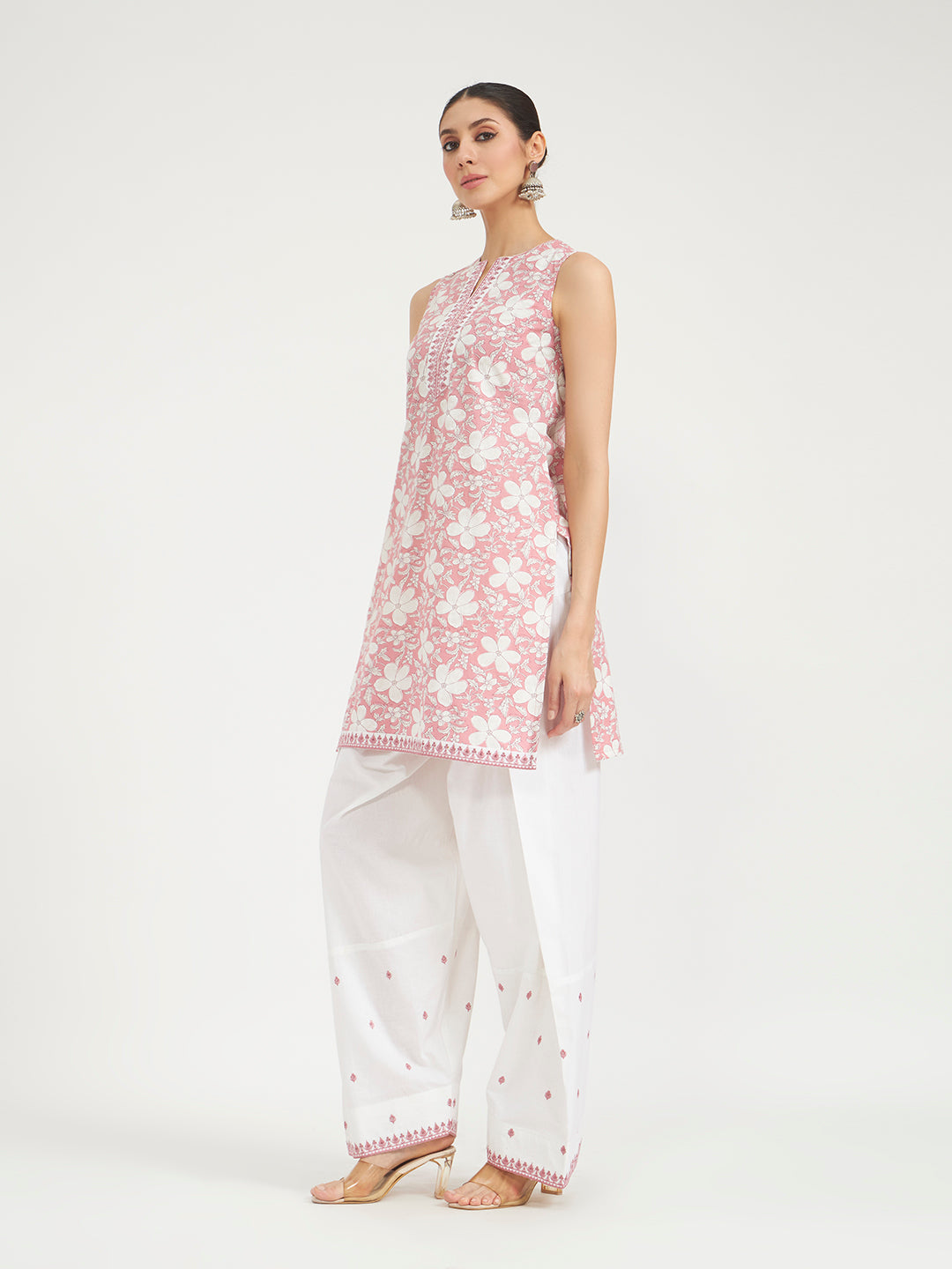 Light Pink Floral Printed & Embroidered Pure Cotton Straight Kurta with Farshi Salwar