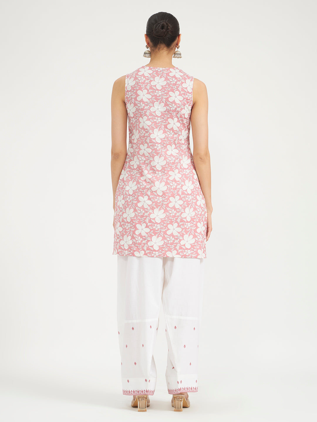 Light Pink Floral Printed & Embroidered Pure Cotton Straight Kurta with Farshi Salwar