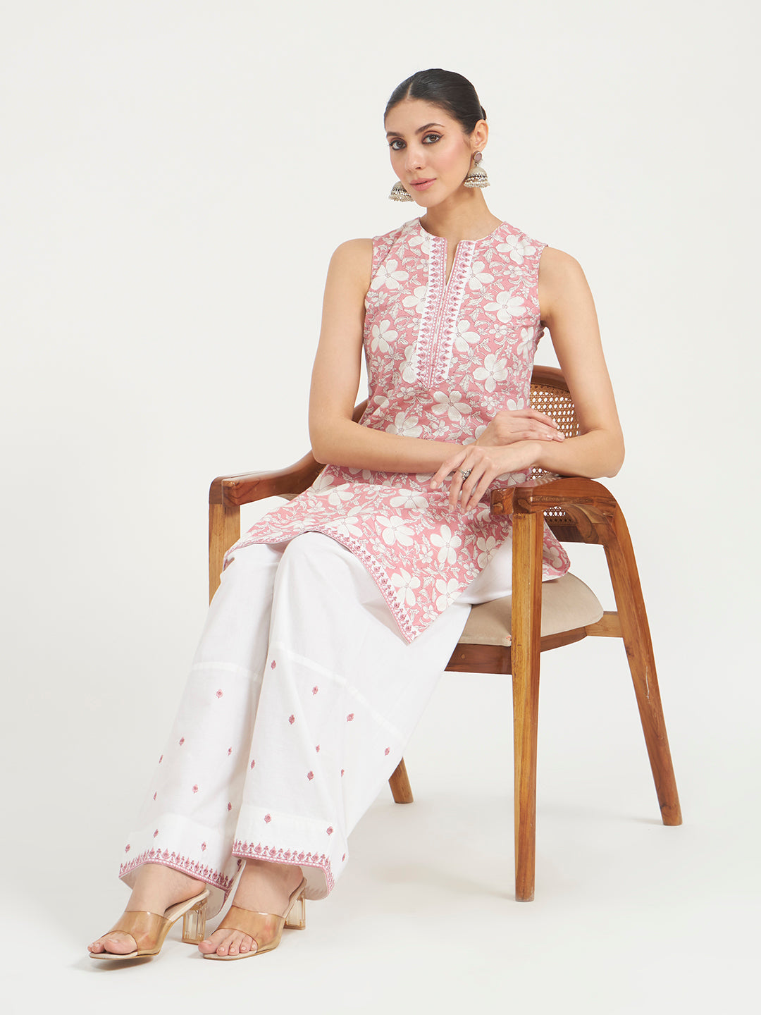 Light Pink Floral Printed & Embroidered Pure Cotton Straight Kurta with Farshi Salwar